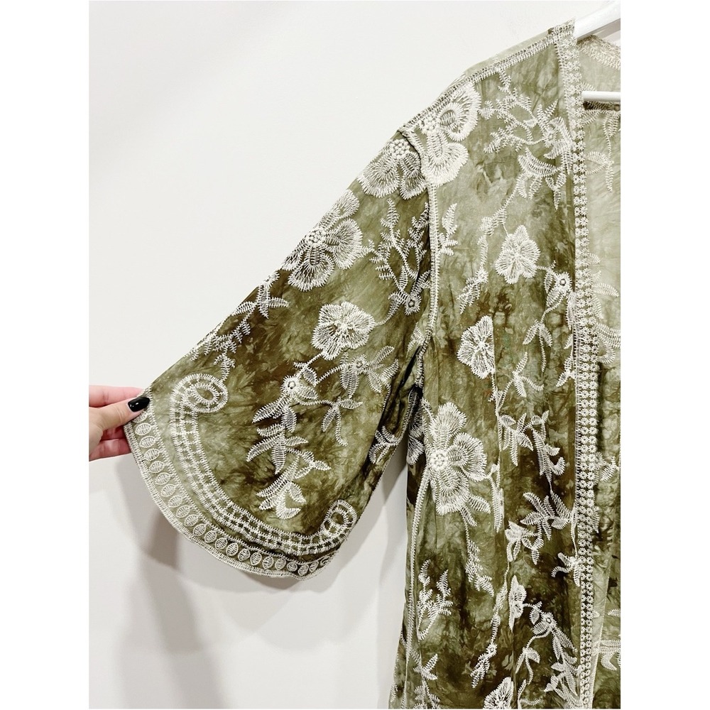Raj Emery Embroidered Duster Kimono Olive Green White Floral Lace One Size - Picture 6 of 10